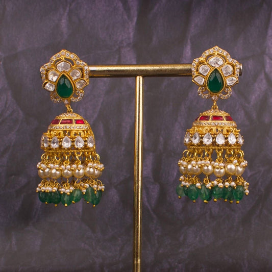 Polki Studded Jadau Kundan Fusion Jhumki With Green Beads Hangings