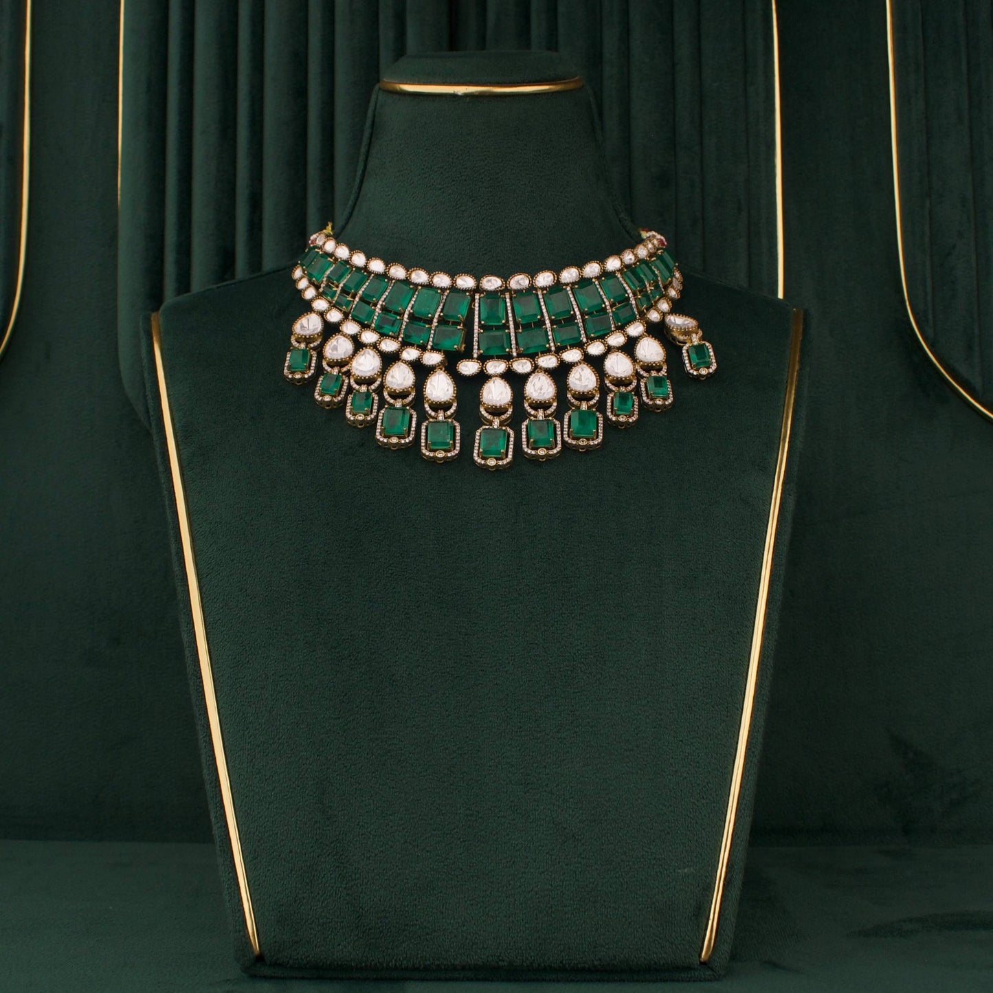 Victorian Emerald Polki Statement Choker Necklace Set With Drop Earrings