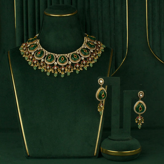 Grand Fusion Kundan & Polki Victorian Necklace with Matching Earrings