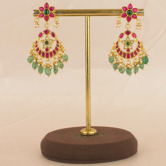 Floral Design Studded Jadau Kundan Chandbali with Green Beads