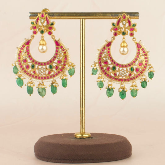 Graceful Jadau Kundan Chandbali Earrings With Bead Hangings