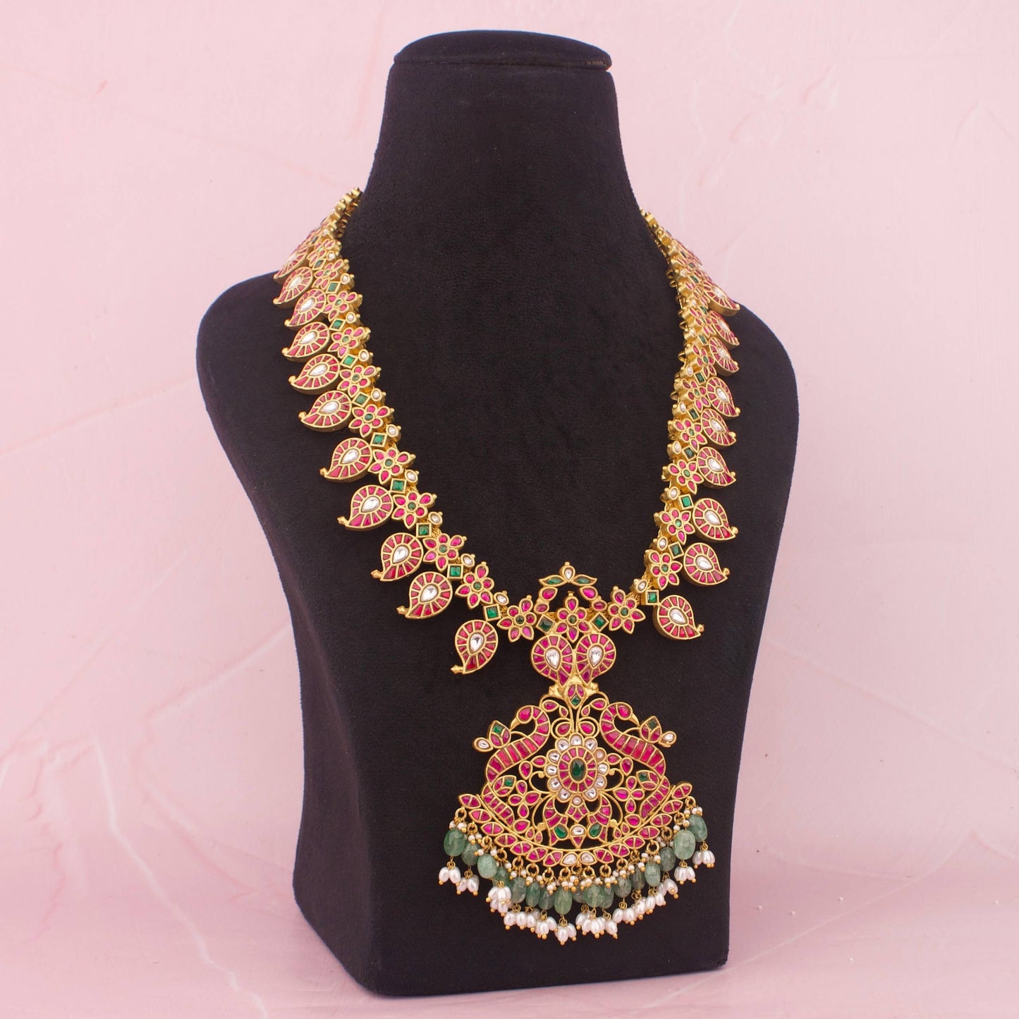 Close-Up Detail View of Heavy Gold Plated Jadau Kundan Mango Haram for Bridal Wear | Dulhan Jewels