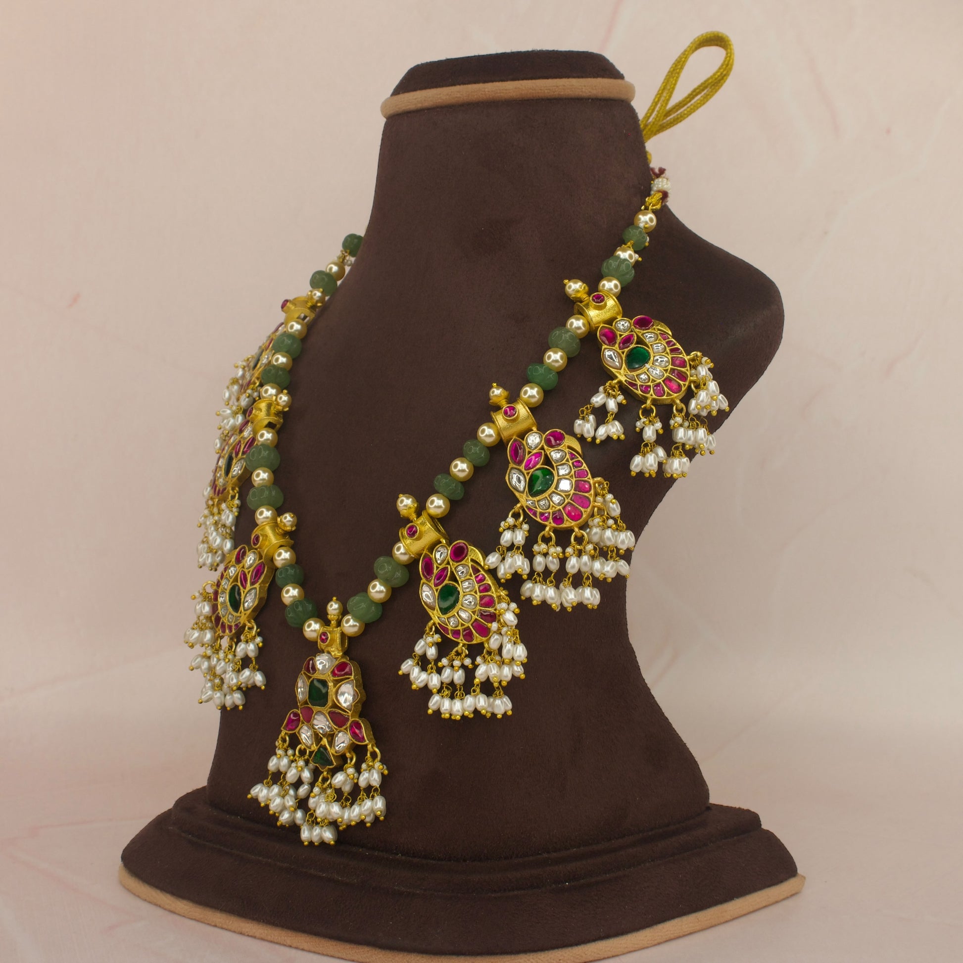 Green beads and pearl jadau kundan necklace with 22k gold plating