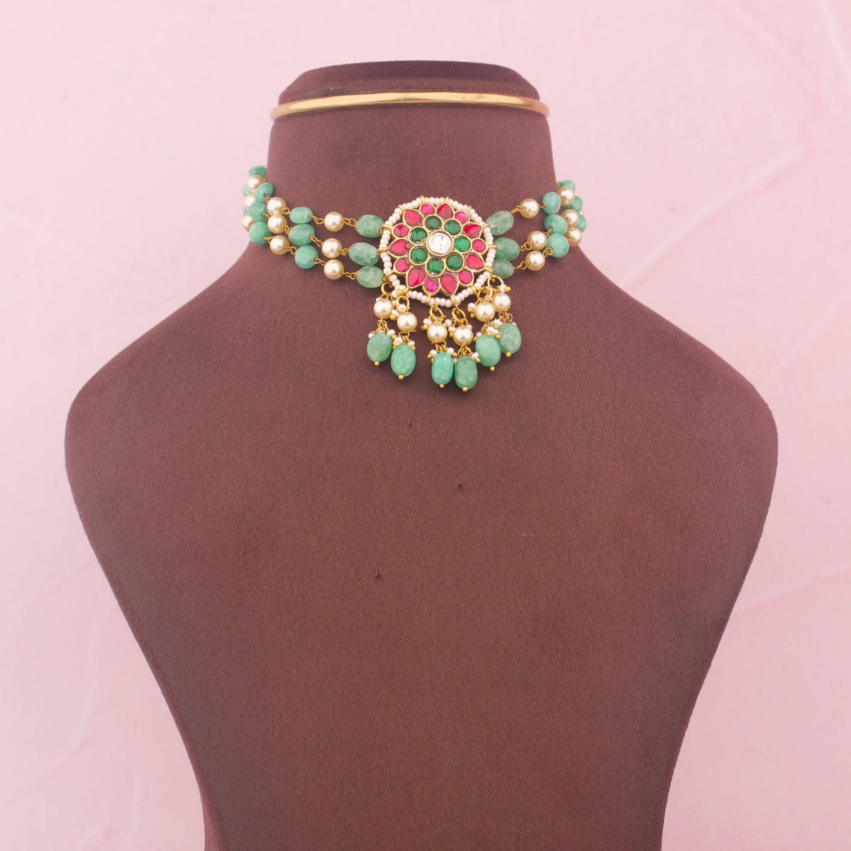 Phool Design Jadau Kundan Choker With Green Beada