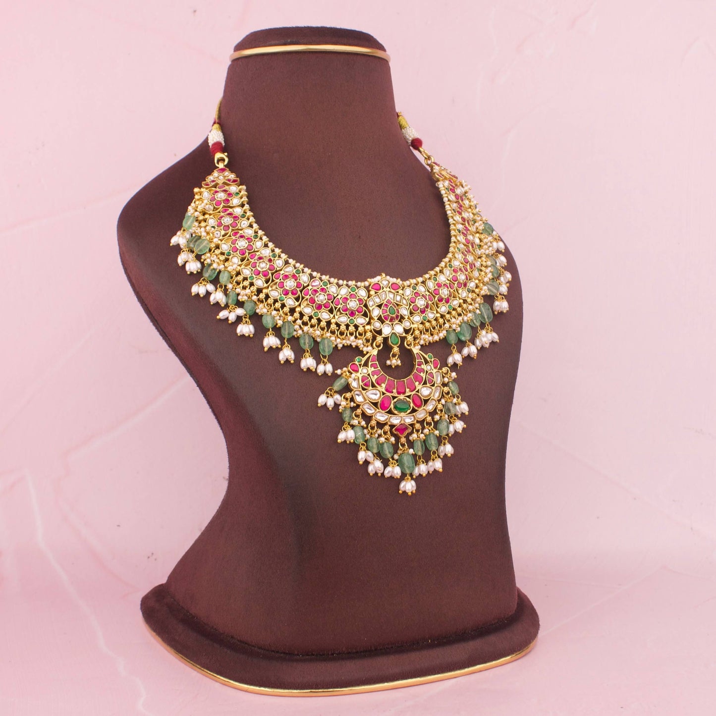 Grand Jadau Kundan Necklace With Ruby Stones And Emerald Drop Pendant