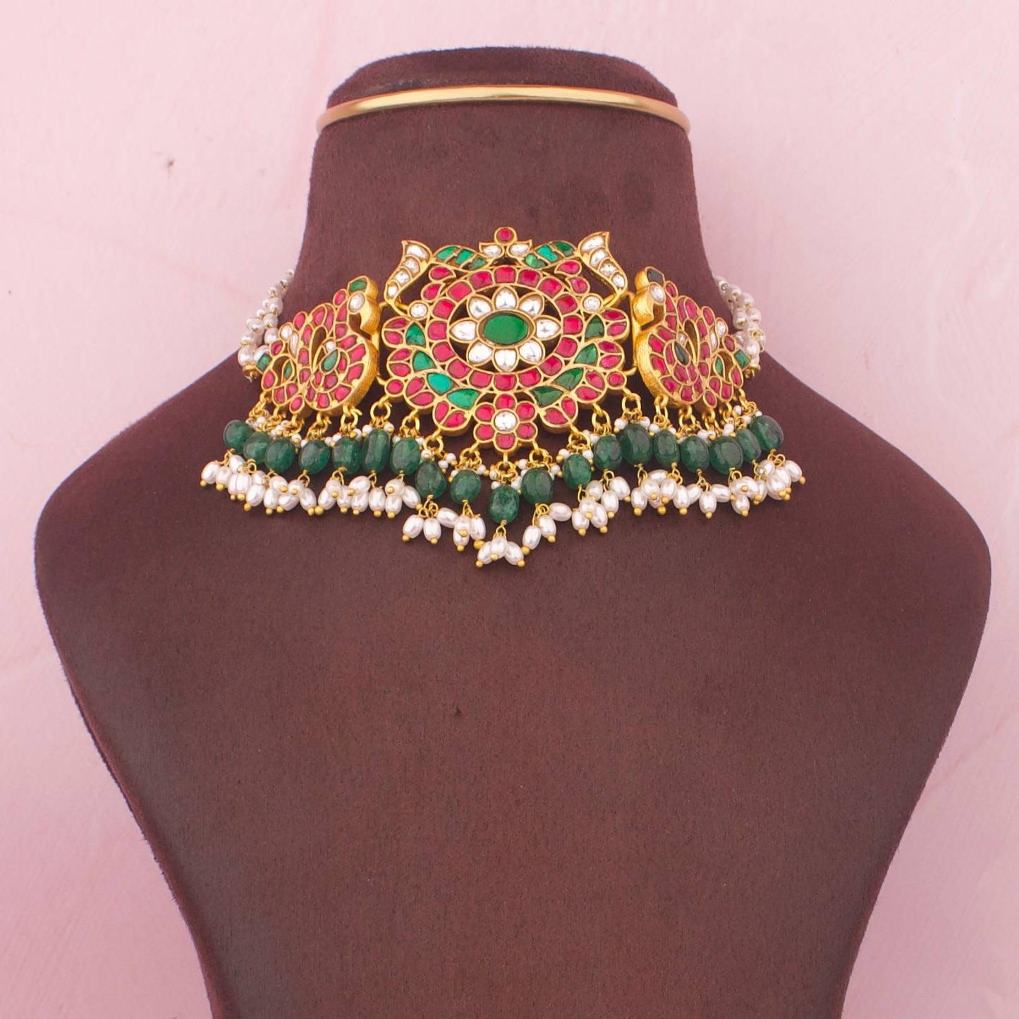 Royal Jadau Kundan Choker With Emerald Green Beads and Pearl Drops