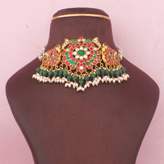 Royal Jadau Kundan Choker With Emerald Green Beads and Pearl Drops