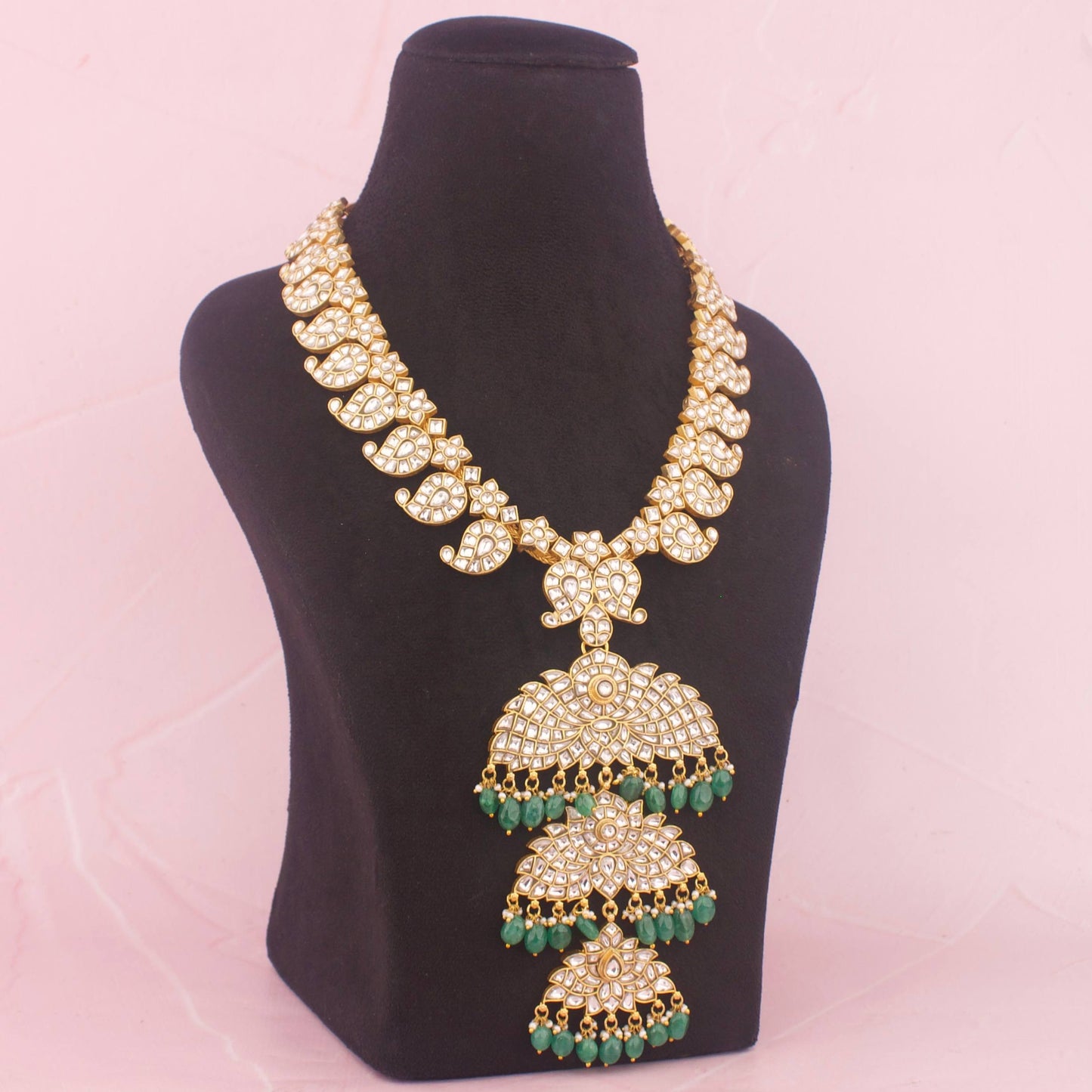 Premium Jadau Kundan Long Mango Haram Emerald Green Bead Drops