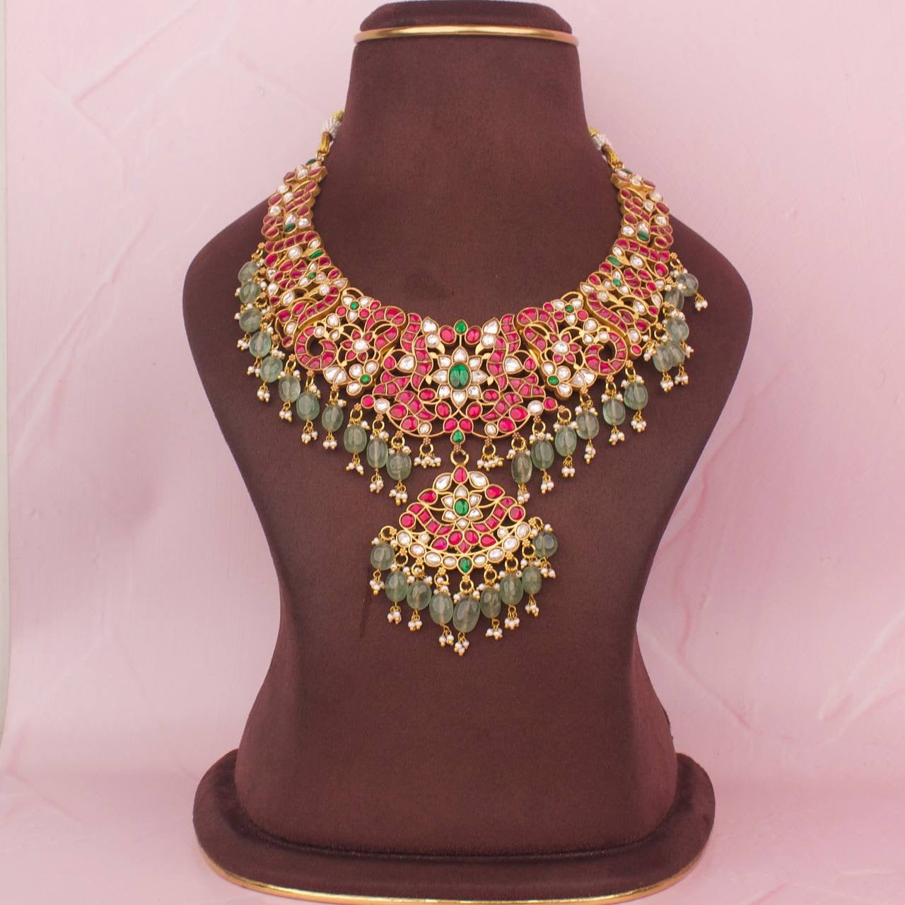 Elegant Hand Crafted Jadau Kundan Necklace With Guttapusalu Hangings
