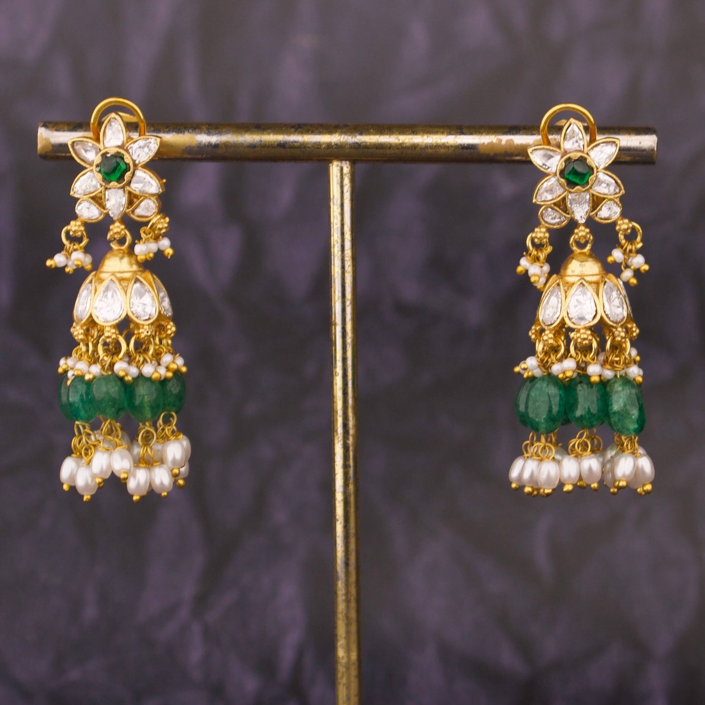 Elegant Polki Jhumka Earrings With Green Beads - Alternate View 1