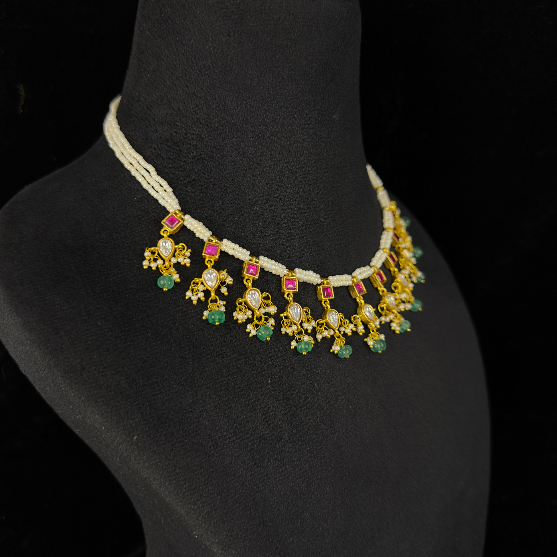 Exquisite Jadau Kundan Pearl Chain Necklace Set with Green Beads with 22k gold plating. This product belongds in jadau kundan jewellery category