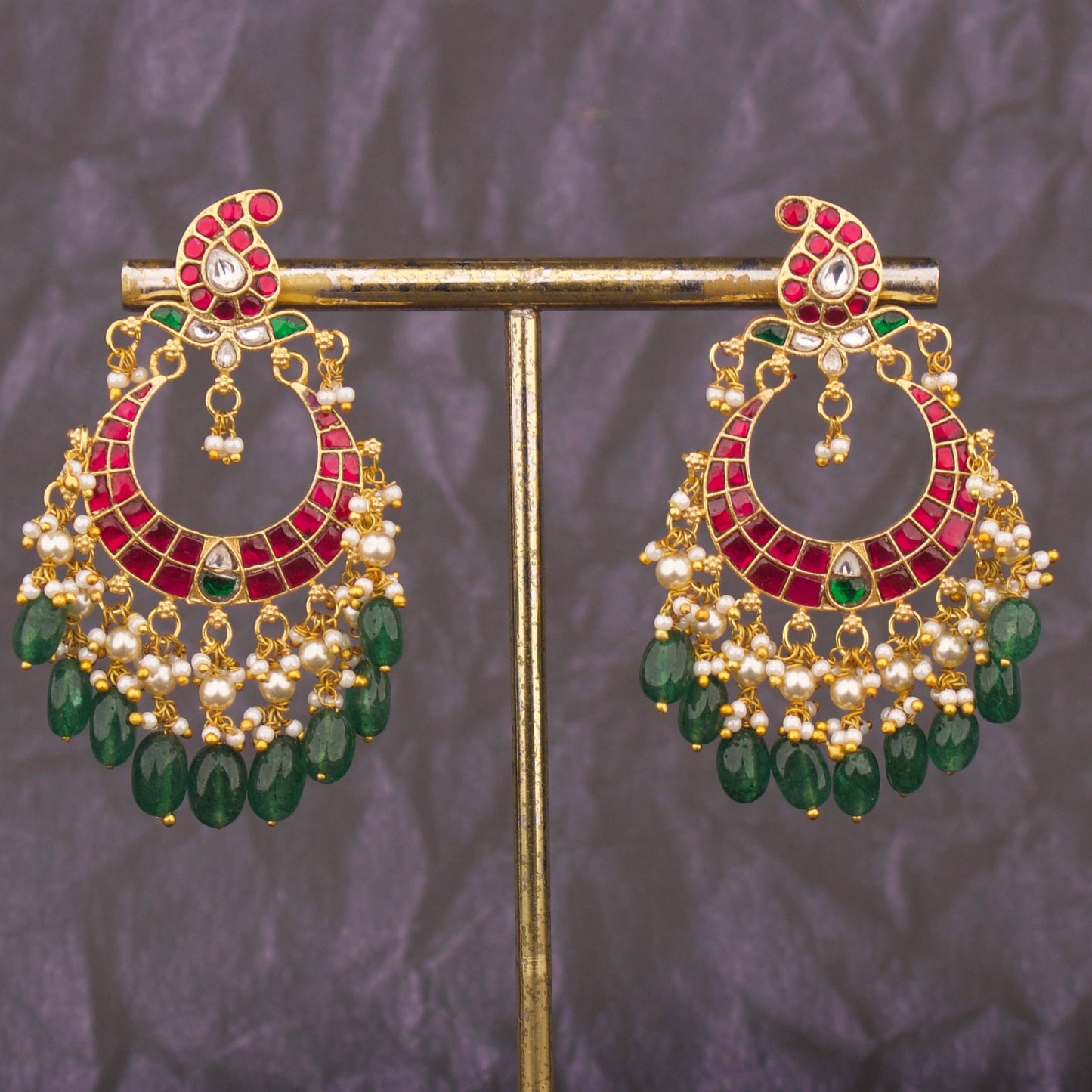 Ethnic Jadau Kundan Chandbali Earrings With Pearl Drops