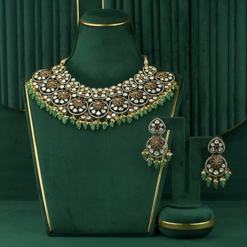 Side view of premium jadau polki Timeless Victorian Choker Set with screw-back earrings