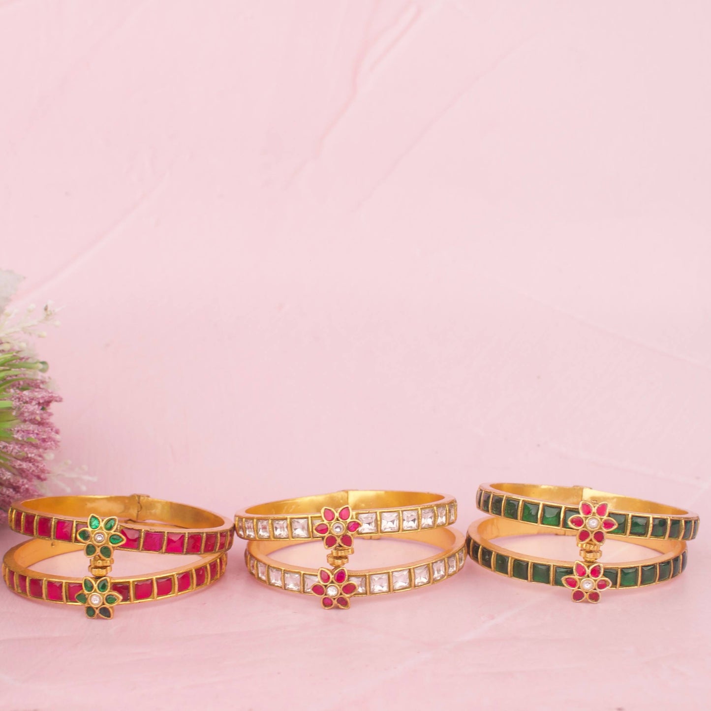 Gold Finish Jadau Kundan Bangles With Floral Center Motif