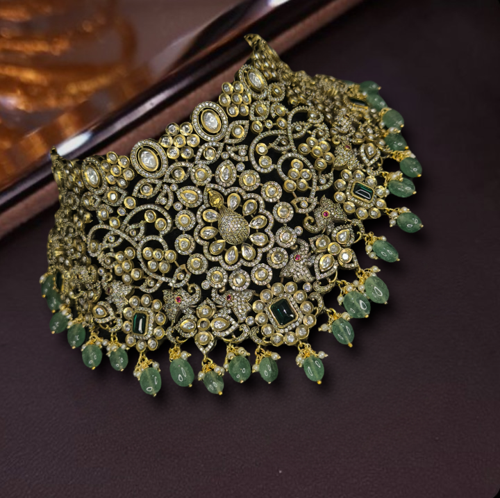 3D Popping Peacock Heavy Bridal Victorian AD Choker set. This Victorian Jewellery is available in a Green colour variant. 