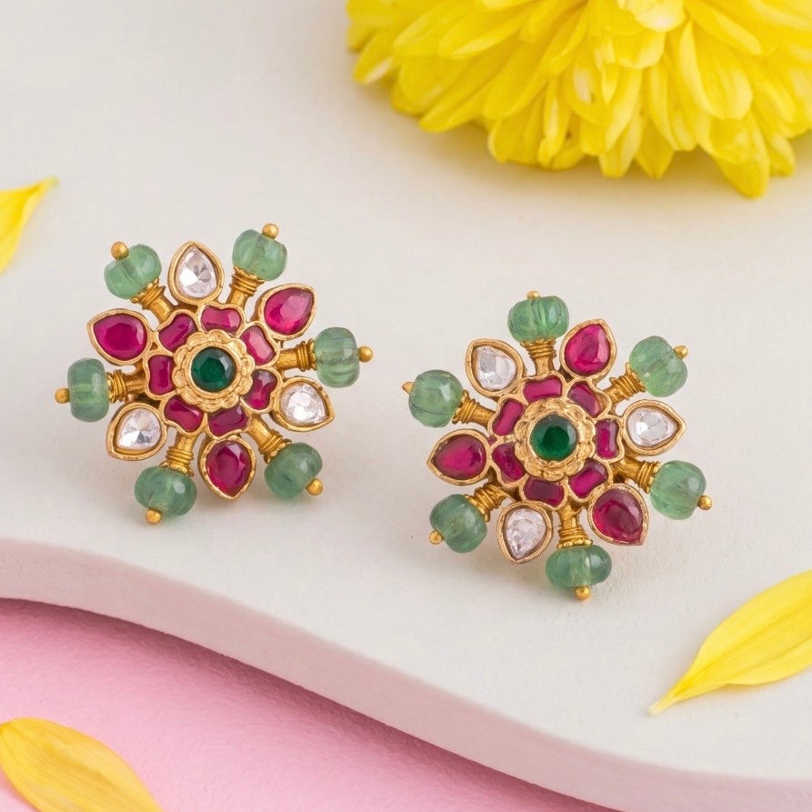 Jadau Kundan Floral Starburst Stud Earrings With Emerald Green Bead Halo