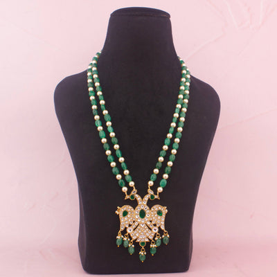 Reversible Jadau Kundan Beads Mala With Emerald Hangings