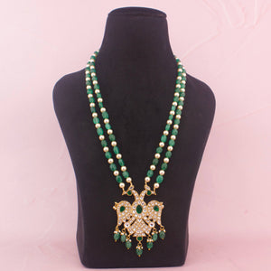 Reversible Jadau Kundan Beads Mala With Emerald Hangings