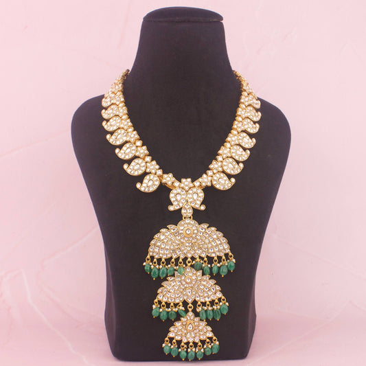 Premium Jadau Kundan Long Mango Haram Emerald Green Bead Drops