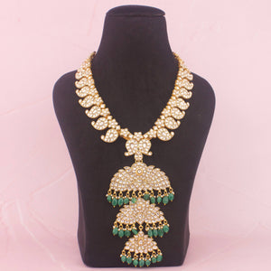 Premium Jadau Kundan Long Mango Haram Emerald Green Bead Drops