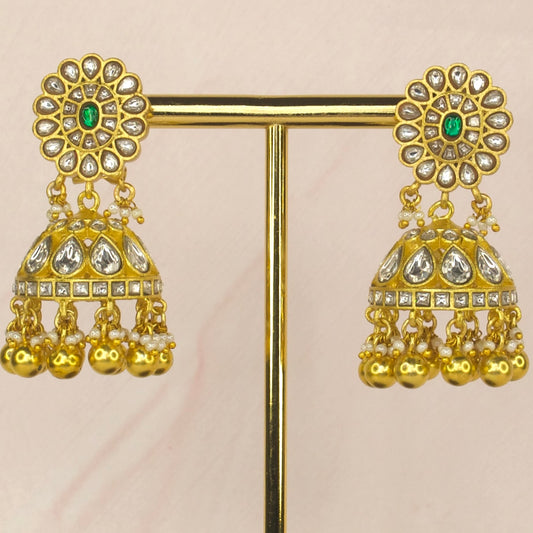 Golden Blossom Jadau Kundan Jhumkas with Pearl Tassels