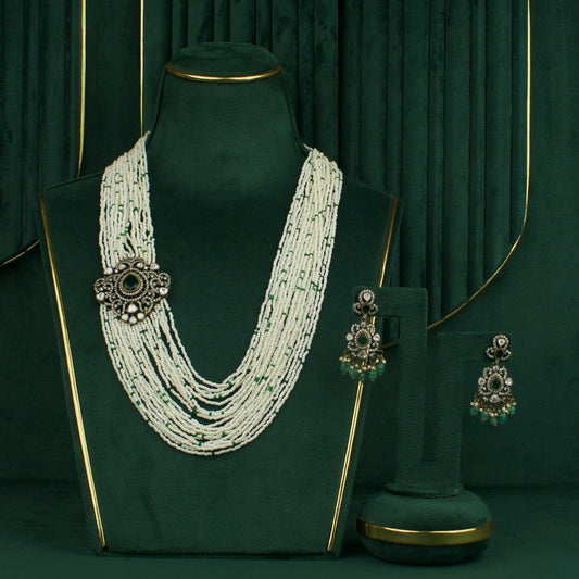 Majestic Victorian Polki Side Locket Pearl Necklace Set