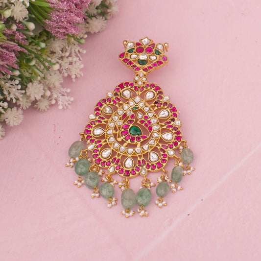 Grand floral Peacock Design Jadau Kundan Locket with Green Beads
