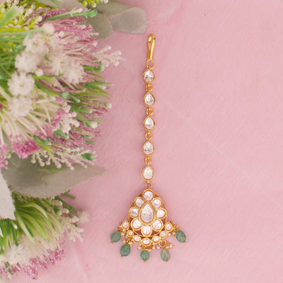 Classic Moissanite Polki Maang Tikka With Green Drops - Handcrafted Indian Bridal Jewelry by Dulhan Jewels