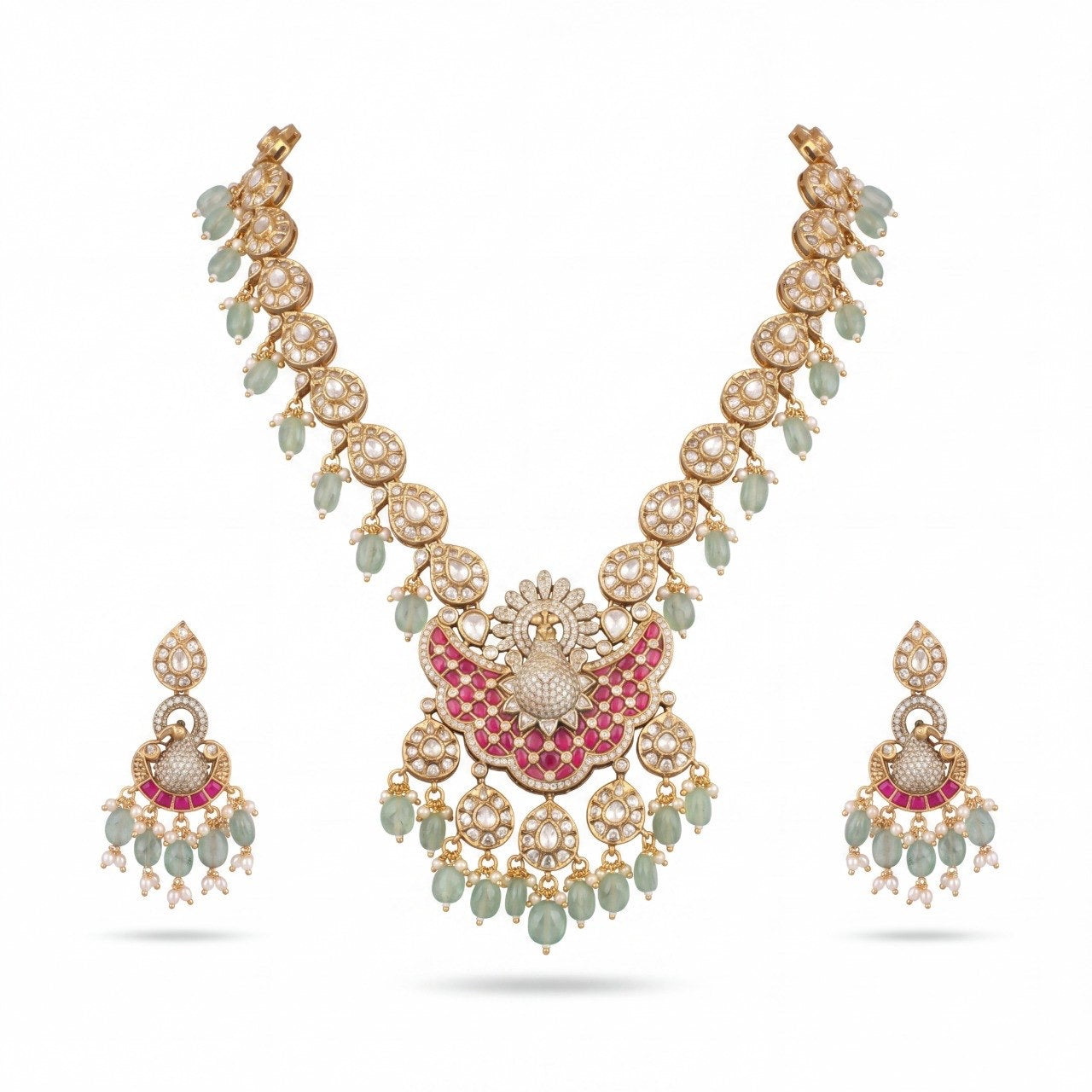 Peacock Design Fusion Kundan & Polki Victorian Necklace Set