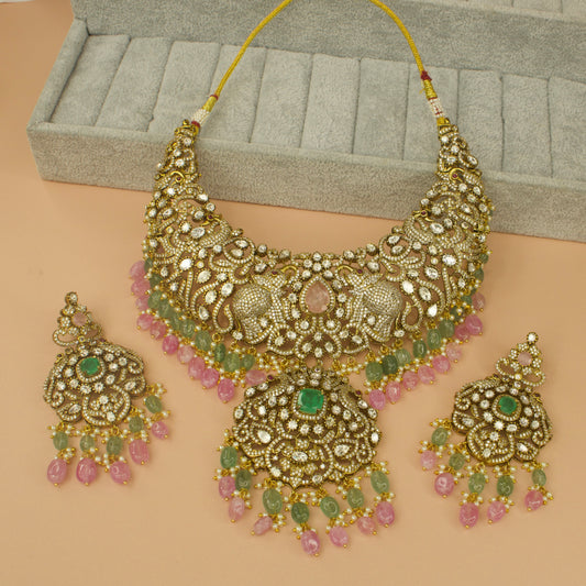 Multi colour Victorian kundan polki necklace set