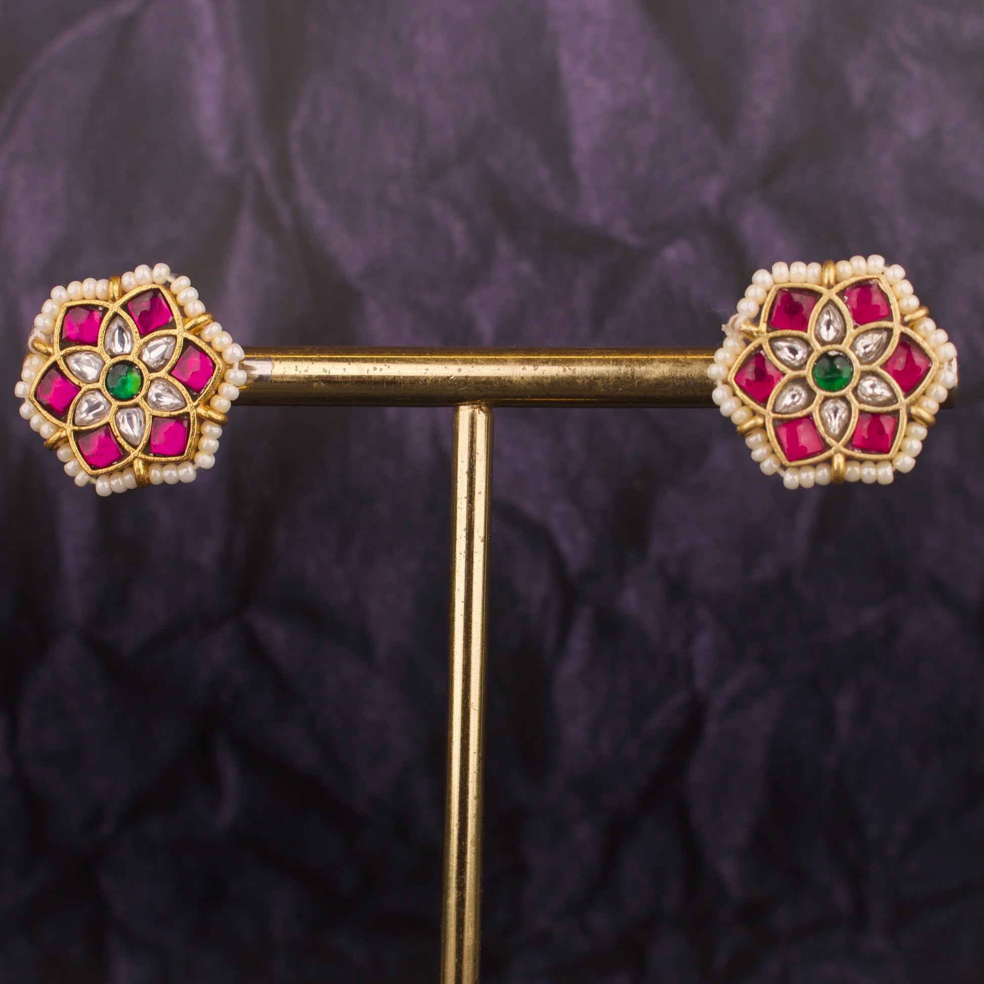 Lavish Jadau Kundan Studs With Pearl Bordering - DULHAN JEWELS