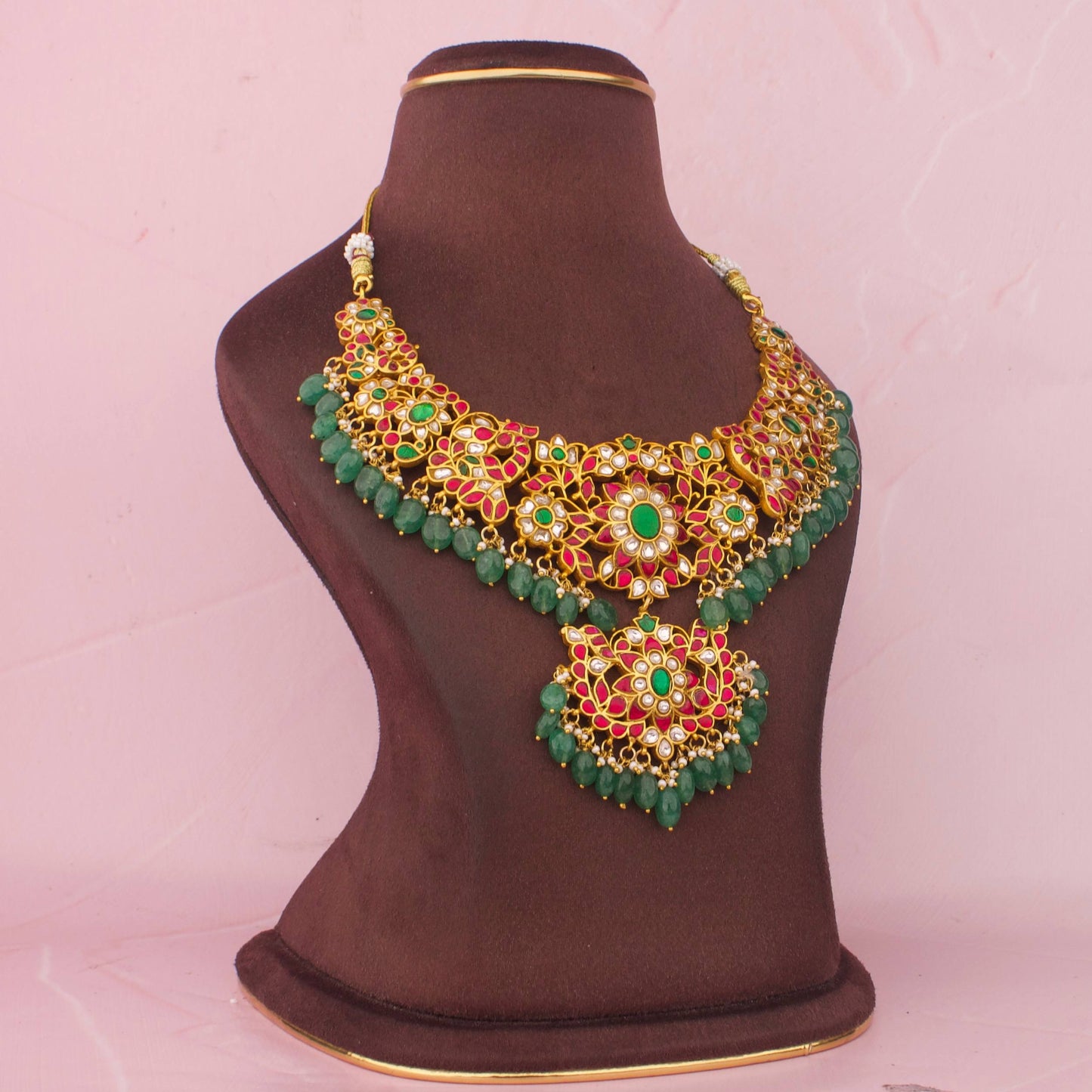 Radiant Jadau Kundan Floral Necklace With Green Hangings
