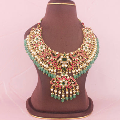 Regal Jadau Kundan Peacock Design Necklace With Emerald Beads
