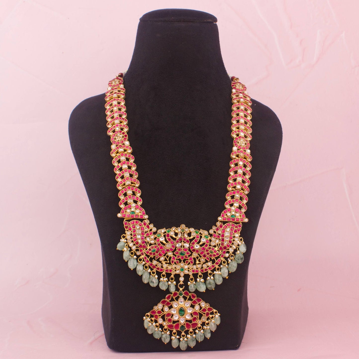 Bridal Jadau Kundan Long Haram With Emerald Beads - Premium Indian Ethnic Jewelry | Dulhan Jewels