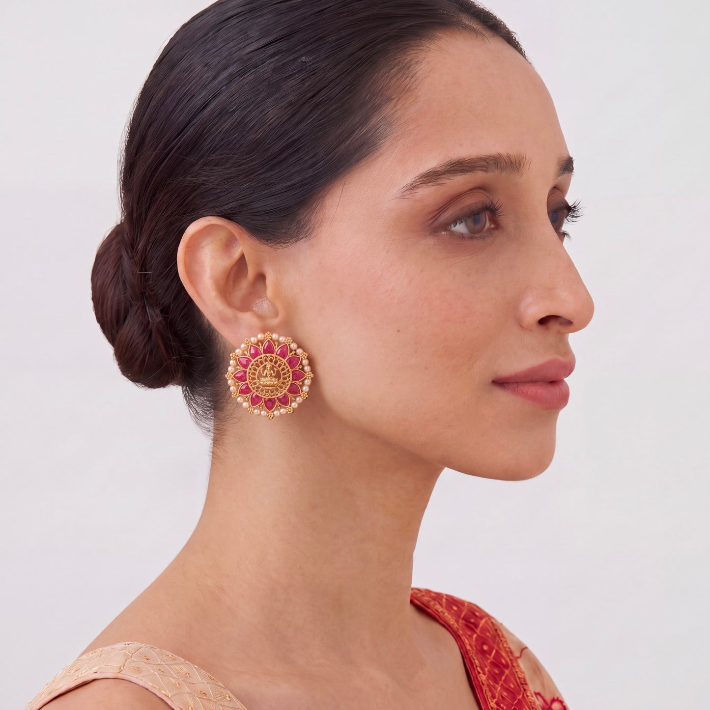 Antique Finish Temple Style Jadau Kundan Stud Earrings With Pearl Border