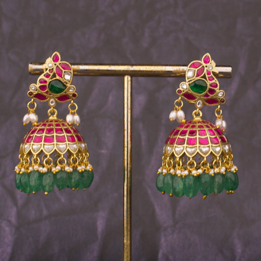 Peacock Studded Bridal Jadau Kundan Jhumki Earrings With Beads