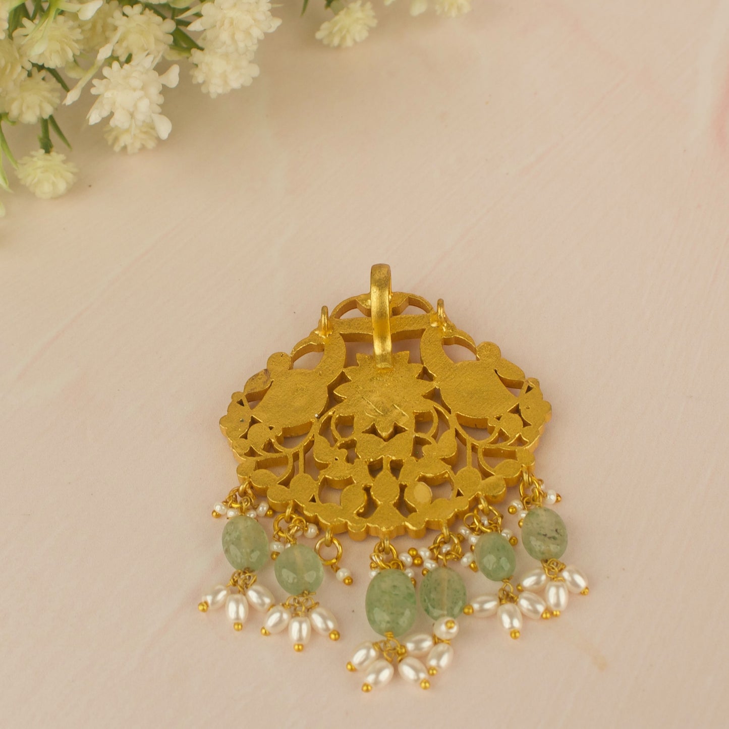 Gold  Inspired Jadau Kundan Pendant With Bead & Pearl Hanging