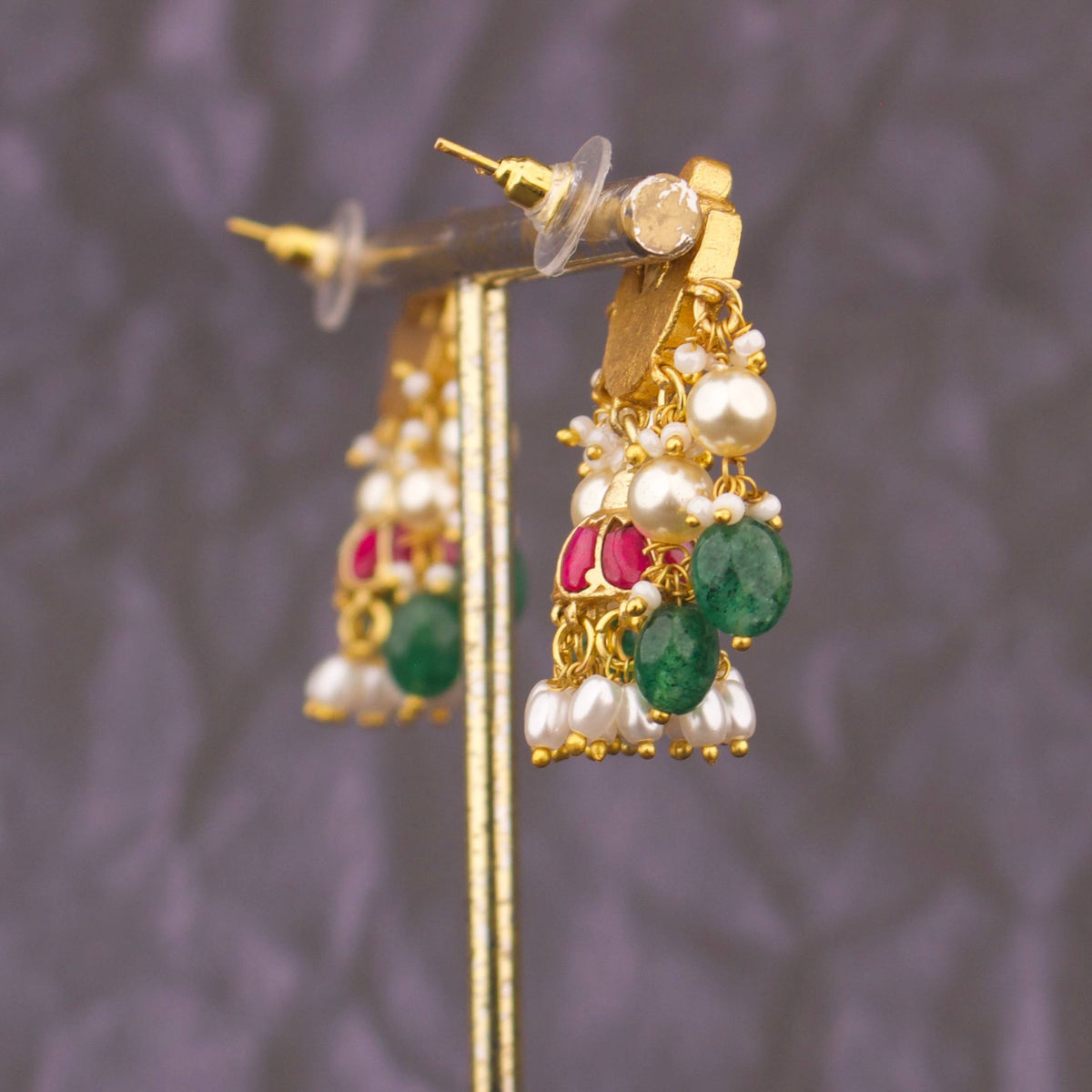 Minimal Jadau Kundan Jhumki Earrings With Hangings - Alternate View 2