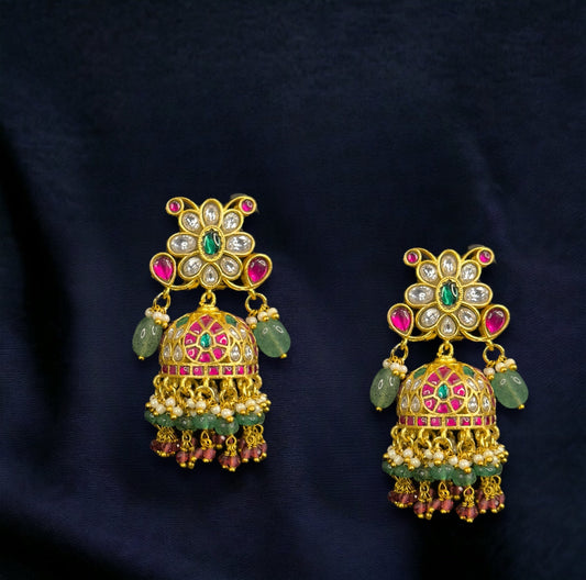 Charming Blossom Jadau Kundan Jhumkas with Emerald Beads