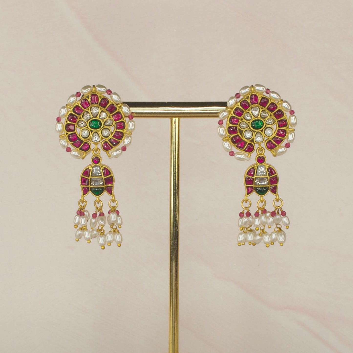 Floral Jadau Kundan Earrings with Rice Pearls with 22k gold plating. This product belongs to Jadau Kundan Jewellery category