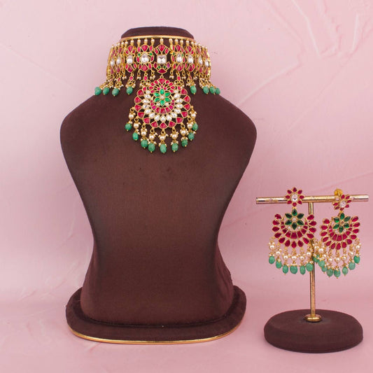 Radiant Jadau Kundan Bridal Choker With Matching Earrings