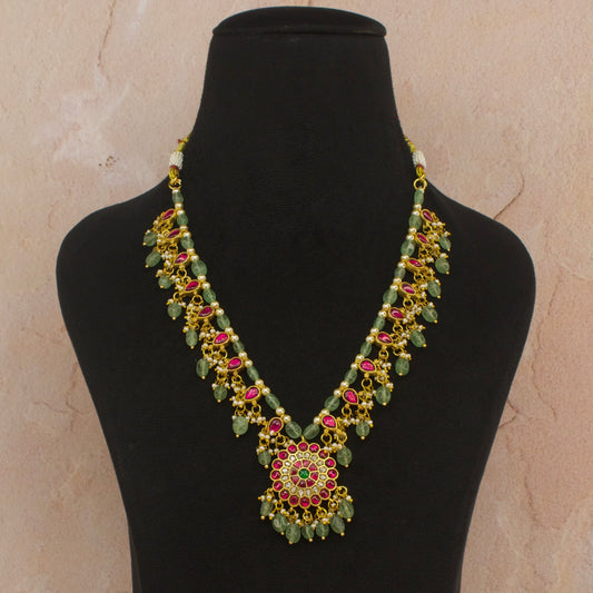 Beautiful Floral Locket Jadau Kundan Beads Necklace