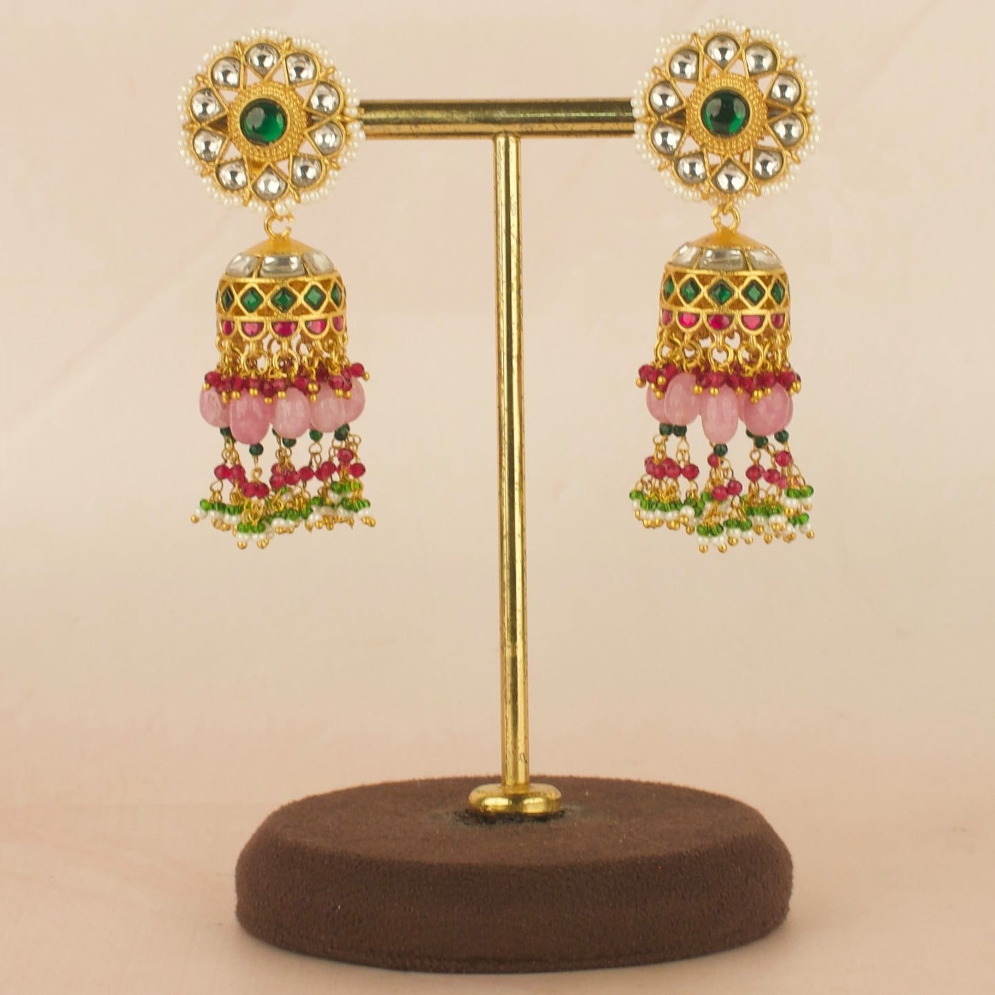 Royal Elegance Floral Design Jadau Kundan Jhumki Pink Beads