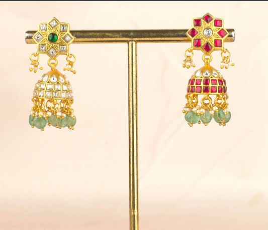 Radiant Floral Studded Jadau Kundan Jhumka Earrings - DULHAN JEWELS