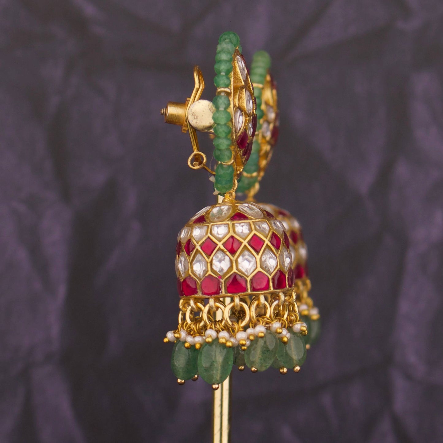 Sparkling Peacock Design Jadau  Kundan Jhumka With Beads Hangings