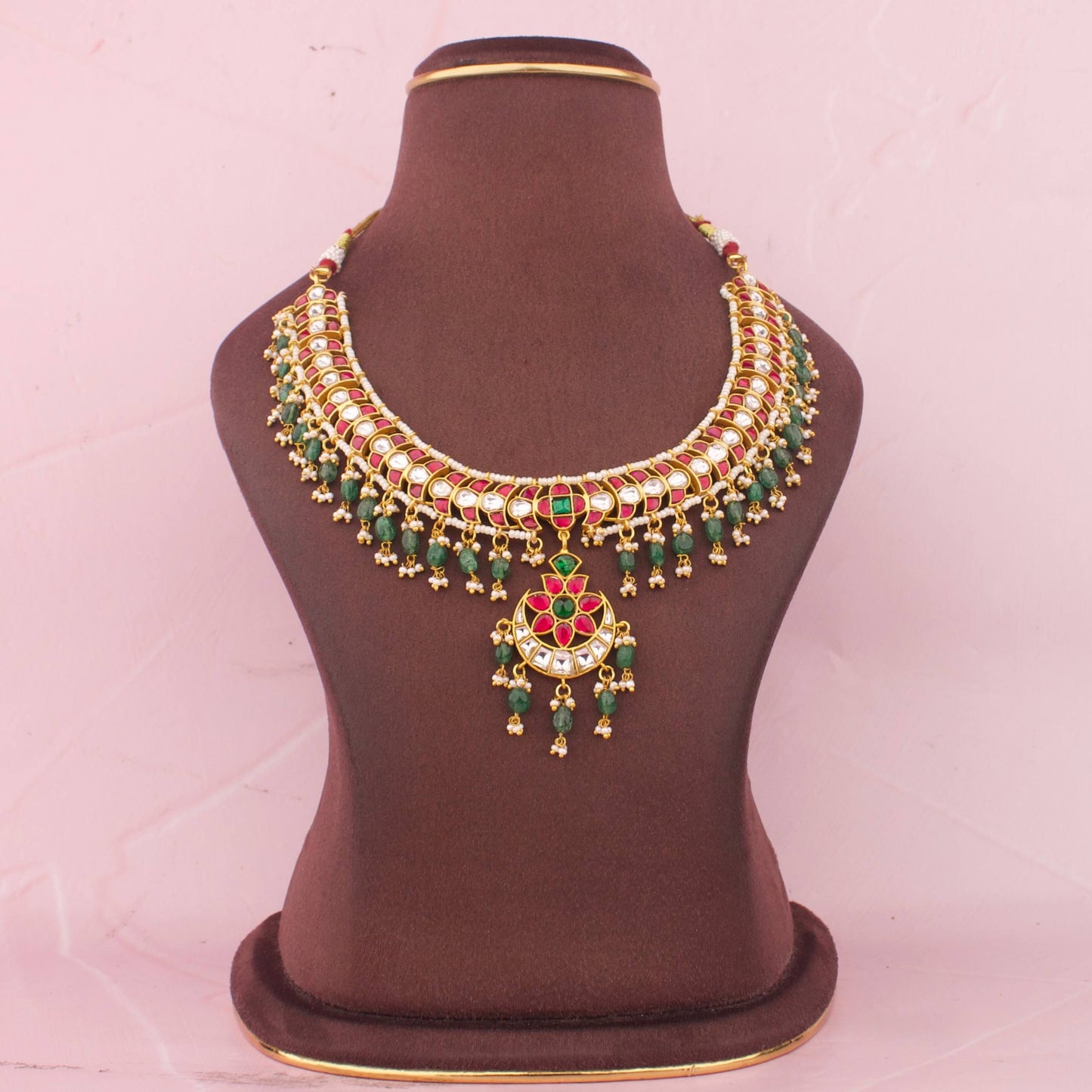 Ethnic Jadau Kundan Necklace With Emerald Beads