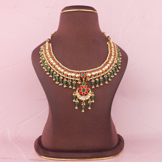 Ethnic Jadau Kundan Necklace With Emerald Beads