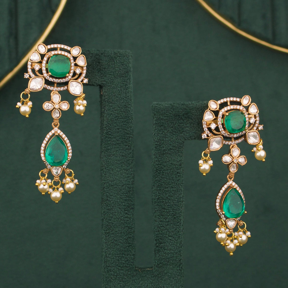 Elegant Emerald Victorian Necklace With Pearl Drops And Matching Earrings Styling Angle View 4 - Dulhan Jewels
