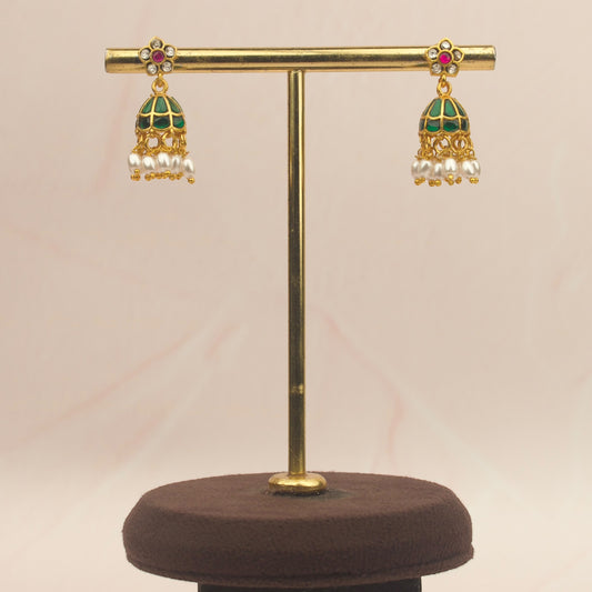 Green Jadau Kundan Jhumki Earrings