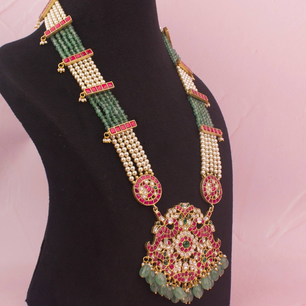 Grand Bridal Jadau Kundan Beads Mala With Side Locket